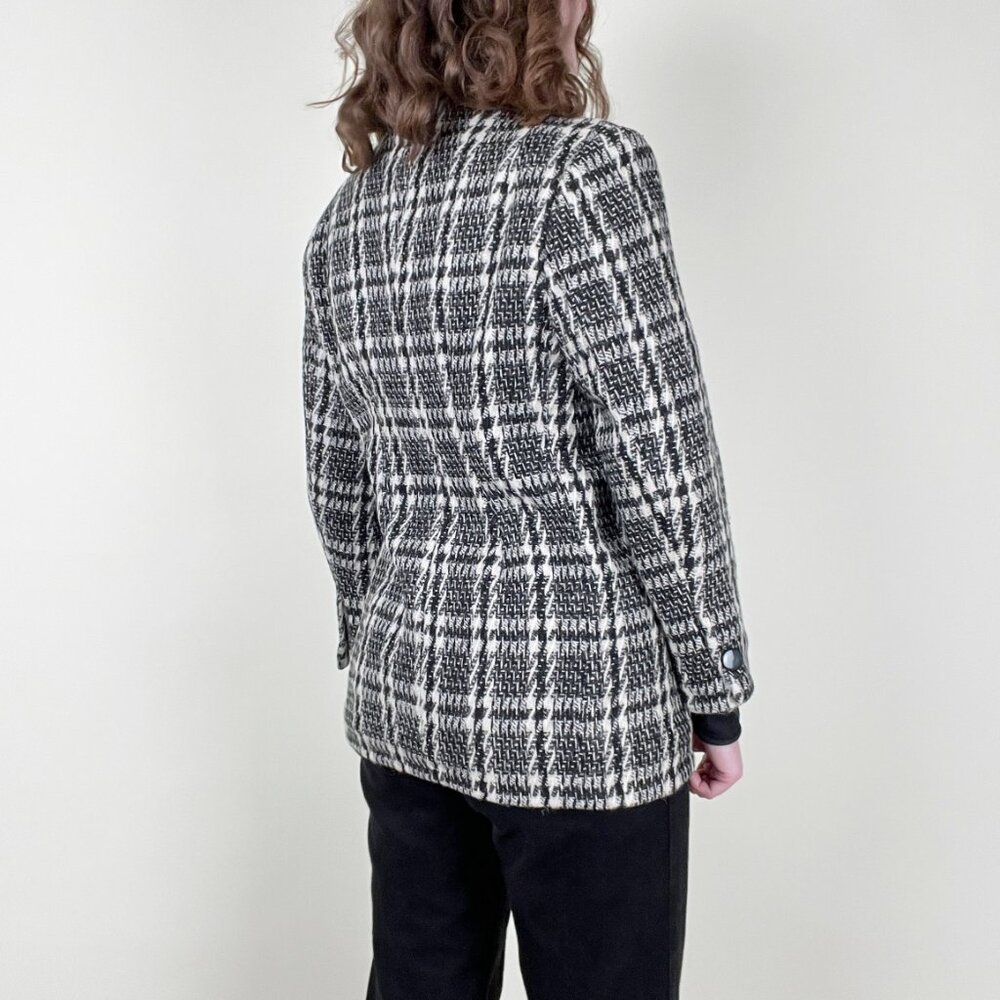 Vintage Plaid Tweed Houndstooth Oversized Blazer Jacket Coat Preppy Wool Peacoat - Picture 2 of 5